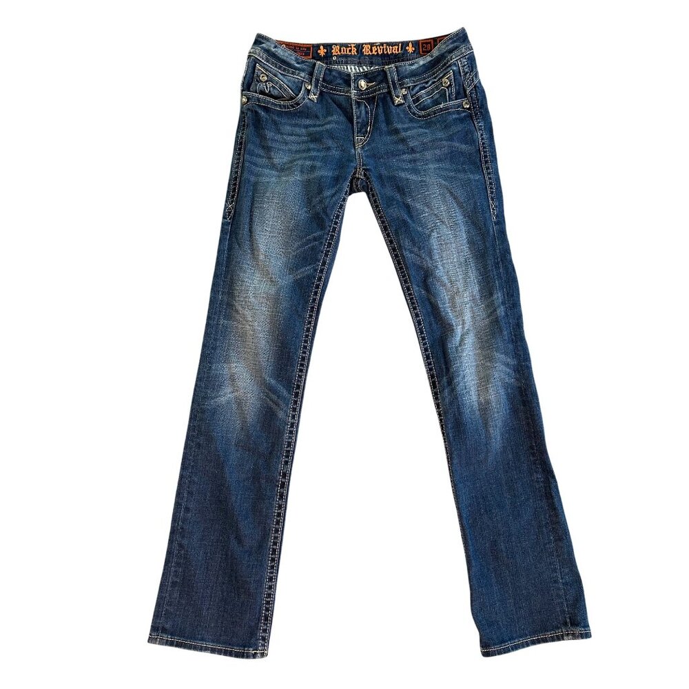 Rock Revival Women's Sz 28 Straight Leg Denim Jeans Fat Stitch Dark Wash